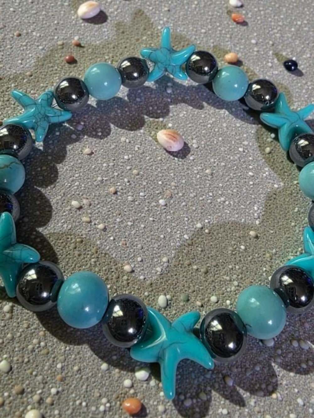 Turquoise & Black Hematite Starfish Beaded Stretch Bracelet